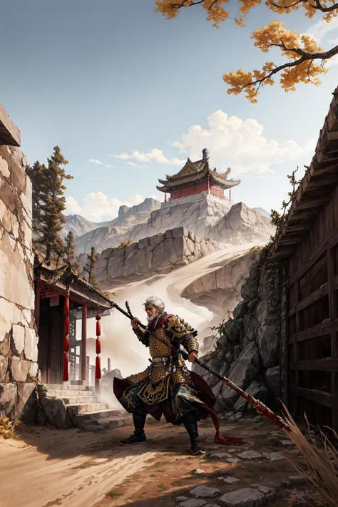 (A man dressed in Chinese-style armor:1.2),an old general,Chinese-style armor,white cloak,wielding a guandao,a long-handled weapon,elderly,white hair,white beard,strong,rough skin,full body,bloodstains on the armor,swinging the weapon,roaring,fighting,desert,sandstorm,chasing,fallen soldiers,bloodstains on the ground,architectural ruins,withered trees,rocks,desolate mountain,<lora:æ¦ä¾ å°è¯´äººç©ä¸¨åä¾ ä¸¨ä¸å¼ç²è丨é ç²çç²_V_1:0.6>,, masterpiece,best quality,highly detailed,Amazing,finely detail,extremely detailed CG unity 8k wallpaper,score:>=60,