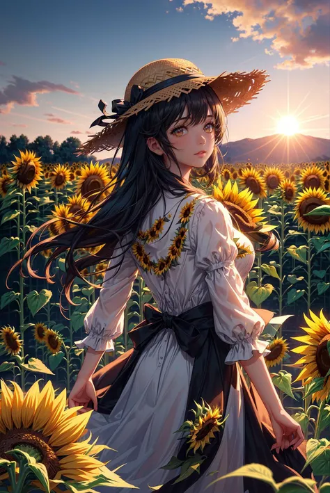 ((Girl in straw hat looking back in a field of sunflowers)),(backlight),(best illumination, best shadow, an extremely delicate and beautiful),Girl on the center axis of the picture,small breasts,((Sunflowers with the ultimate in detail)),beautiful detailed sky,Perfect body,(beautiful detailed face),extremely delicate and beautiful girls,Sunflower fields at sunset,sunset,black hair,beautiful detailed cloud,(((extremely detailed CG unity 8k wallpaper, masterpiece, best quality, ultra-detailed))),dynamic angle,floating,finely detail,(bloom),(shine),glinting stars,feather,nature,(sunlight),fairyland,(((The character is in the center of the frame))),, masterpiece,best quality,highly detailed,Amazing,finely detail,extremely detailed CG unity 8k wallpaper,score:>=60,, Cinematic Lighting,rim light,available light,light leaks,depth_of_field,blurry,