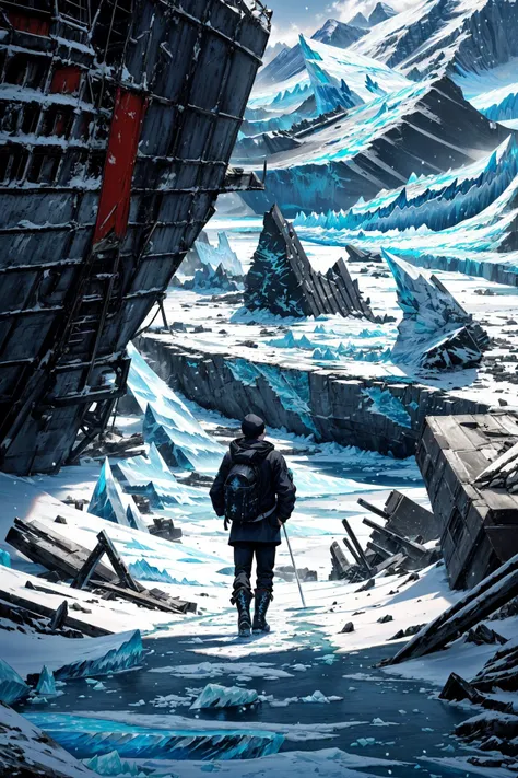 (landscape:1.5),snow mountain,snow cover,footprints in the snow,(a man WITH navy blue hoodie,black pants,and black Martin boots),(solo:1.5),walking,(hands in pocket:1.2),Wearing a hooded hat,(sword on back:1.2),black backpack,(back shadow:0.8),adult,short hair,black hair,black eyes,thin,tall,ice,rubble_ruins,aurora,reindeer,snow_bunny,cedar,((glacier:1.3)),(icebreaker wreckage:1.3),, masterpiece,best quality,highly detailed,Amazing,finely detail,extremely detailed CG unity 8k wallpaper,score:>=60,, incredibly absurdres,wallpaper,realistic,real,photo,landscape,foreshortening,, beautiful detailed eyes,Fine hair texture,