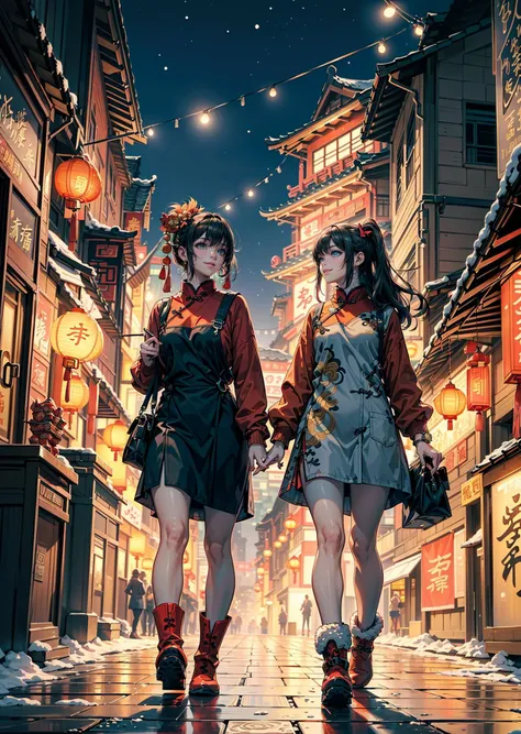 <lora:ã麻çloraãç¬å®¹å¤§å°è°èç¥å¨>,(The entire composition is centered on the axis.),(The content of the scene depicts two girls walking side by side on a main thoroughfare.),(Both girls have black hair and black eyes, and they are happily engaged in conversation.),(The girl on the left is wearing a red Tang-style Hanfu with jewelry.),(The girl on the right is dressed in a red sweater, black skirt, and brown snow boots.:1.2),(the one with the red sweater:1.5),(black skirt:1.2),(On the left side of the scene, there are traditional Chinese buildings with wooden railing structures and red lanterns.),(On the right side, there are modern skyscrapers and commercial buildings.:1.5),(modern commercial street:1.5),(the bright light:1.2),(modern architecture:1.5),(The overall atmosphere of the scene represents the ambiance of Chinese New Year.:1.5),(It is nighttime with stars and fireworks in the sky.),neon lights,<lora:lora_ç¯å¢_GHIBLI_Background:0.4>,hand in hand,, masterpiece,best quality,highly detailed,Amazing,finely detail,extremely detailed CG unity 8k wallpaper,score:>=60,, incredibly absurdres,wallpaper,realistic,real,photo,landscape,foreshortening,, beautiful detailed eyes,Fine hair texture,