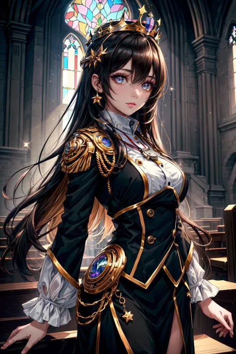 masterpiece,best quality,{{masterpiece}},{best quality},{highres},{{{close to}}},solo,a girl inside the {church},light dripped through the colourful glass,detailed face,illustration,single,(1girl),(beautiful detailed eyes),cinematic lighting,bright eyes,(star in eyes),(sparkling anime eyes),(gradient hairdient hair),(best quality),(highres),extremely detailed wallpaper,solo,<lora:3_å
¨èº«å§¿å¿model_full_body_v1:0.8>,original,Hair glows,(Exquisite detail),upper body,British,royal_sister,maiden,(medal),military uniform,medium breasts,solemn face,blonde hair,crown,(full body:1.2),, masterpiece,best quality,highly detailed,Amazing,finely detail,extremely detailed CG unity 8k wallpaper,score:>=60,, Cinematic Lighting,rim light,available light,light leaks,depth_of_field,blurry,, 1girl,solo,mature_female,adult,fair_skin,slender,glamor,curvy,oval face,black hair,long hair,makeup,brown eyes,slender_waist,, beautiful detailed eyes,Fine hair texture,