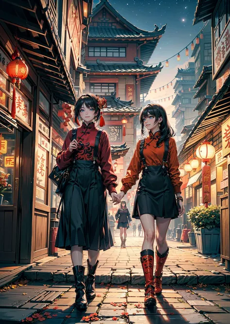 <lora:ã麻çloraãç¬å®¹å¤§å°è°èç¥å¨>,(The entire composition is centered on the axis.),(The content of the scene depicts two girls walking side by side on a main thoroughfare.),(Both girls have black hair and black eyes, and they are happily engaged in conversation.),(The girl on the left is wearing a red Tang-style Hanfu with jewelry.),(The girl on the right is dressed in a red sweater, black skirt, and brown snow boots.:1.2),(the one with the red sweater:1.5),(black skirt:1.2),(On the left side of the scene, there are traditional Chinese buildings with wooden railing structures and red lanterns.),(On the right side, there are modern skyscrapers and commercial buildings.:1.5),(modern commercial street:1.5),(the bright light:1.2),(modern architecture:1.5),(The overall atmosphere of the scene represents the ambiance of Chinese New Year.:1.5),(It is nighttime with stars and fireworks in the sky.),neon lights,<lora:lora_ç¯å¢_GHIBLI_Background:0.4>,hand in hand,, masterpiece,best quality,highly detailed,Amazing,finely detail,extremely detailed CG unity 8k wallpaper,score:>=60,, incredibly absurdres,wallpaper,realistic,real,photo,landscape,foreshortening,, beautiful detailed eyes,Fine hair texture,