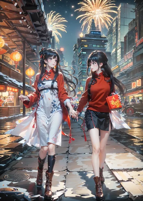 <lora:ã麻çloraãç¬å®¹å¤§å°è°èç¥å¨>,(The entire composition is centered on the axis.),(The content of the scene depicts two girls walking side by side on a main thoroughfare.),(Both girls have black hair and black eyes, and they are happily engaged in conversation.),(The girl on the right is dressed in a red sweater, black skirt, and brown snow boots.:1.2),(the one with the red sweater:1.5),(black skirt:1.2),(On the left side of the scene, there are traditional Chinese buildings with wooden railing structures and red lanterns.),(On the right side, there are modern skyscrapers and commercial buildings.:1.5),(modern commercial street:1.5),(the bright light:1.2),(modern architecture:1.5),(The overall atmosphere of the scene represents the ambiance of Chinese New Year.:1.5),(It is nighttime with stars and fireworks in the sky.),neon lights,<lora:lora_ç¯å¢_GHIBLI_Background:0.4>,hand in hand,, masterpiece,best quality,highly detailed,Amazing,finely detail,extremely detailed CG unity 8k wallpaper,score:>=60,, incredibly absurdres,wallpaper,realistic,real,photo,landscape,foreshortening,, beautiful detailed eyes,Fine hair texture,