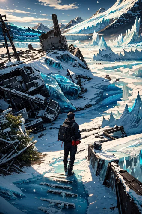 (landscape:1.5),snow mountain,snow cover,footprints in the snow,(a man WITH navy blue hoodie,black pants,and black Martin boots),(solo:1.5),walking,(hands in pocket:1.2),Wearing a hooded hat,(sword on back:1.2),black backpack,(back shadow:0.8),adult,short hair,black hair,black eyes,thin,tall,ice,rubble_ruins,aurora,reindeer,snow_bunny,cedar,((glacier:1.3)),(icebreaker wreckage:1.3),, masterpiece,best quality,highly detailed,Amazing,finely detail,extremely detailed CG unity 8k wallpaper,score:>=60,, incredibly absurdres,wallpaper,realistic,real,photo,landscape,foreshortening,, beautiful detailed eyes,Fine hair texture,