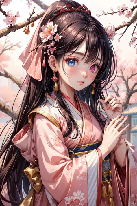 masterpiece, best quality,highly detailed face, highly detailed eyes, highly detailed background, perfect lighting, solo,blush,<lora:xaojiu_20230709095058:0.8>,1girl,xiaojiu,pink hanfu,black hair,heterochromia,jewelry,peach blossom tree background,riverside,later,