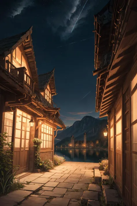 (highly detailed), ((masterpiece)),(Impasto), intricate, digital painting,shadow ,landscapes , fantasy,delicate grassland,(piers:1.3),(lake:1.3),(villiage:1.2),lights,clear sky ,wind ,beautiful sky ,cumulus ,(night star), masterpiece,best quality,highly detailed,Amazing,finely detail,extremely detailed CG unity 8k wallpaper,score:>=60,, Cinematic Lighting,rim light,available light,light leaks,depth_of_field,blurry,