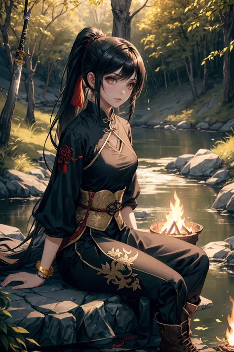 Masterpiece,best quality,highly detailed,Amazing,fine detail,extremely detailed CG unit 8k wallpaper,score:>=60,a girl with long black hair,an imperial sister,devilish figure,slender,adult,swordsman,knight,Chinese long shirt,shut up,sit cross legged,looking at viewer,long eyelashes,single ponytail,bracelet,boots,scabbard,Chinese sword,weapon,hand on the side of the body,sitting by the small river,small river,campfire,firelight,Forest,, masterpiece,best quality,highly detailed,Amazing,finely detail,extremely detailed CG unity 8k wallpaper,score:>=60,, beautiful detailed eyes,Fine hair texture,, Cinematic Lighting,rim light,available light,light leaks,depth_of_field,blurry,, 1girl,solo,mature_female,adult,fair_skin,slender,glamor,curvy,oval face,black hair,long hair,makeup,brown eyes,slender_waist,