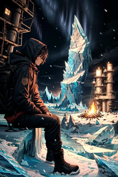 (landscape:1.5),(late at night:1.3),bonfire,(sitting by the campfire:1.2),snow mountain,aurora,snow cover,footprints in the snow,(a man WITH navy blue hoodie,black pants,and black Martin boots),(solo:1.5),(hiding:1.5),rubble_ruins,(hands in pocket:1.2),looking elsewhere,sword on back,black backpack,(back shadow:0.8),adult,short hair,black hair,black eyes,thin,tall,ice,((glacier:1.3)),snowstorm,a reindeer beside the man,snow_bunny,(cedar:1.2),(offshore oil well:1.2),, masterpiece,best quality,highly detailed,Amazing,finely detail,extremely detailed CG unity 8k wallpaper,score:>=60,, incredibly absurdres,wallpaper,realistic,real,photo,landscape,foreshortening,, beautiful detailed eyes,Fine hair texture,