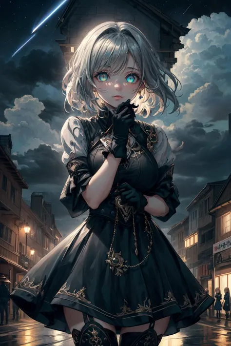 twenty-second century,urban street,city,((the girl in the middle:1.9)),(looking_at_viewer),expressionless,manless crossroads,(whole dark sky:1.5),(thick cumulonimbus cloud),gray hair,streaked hair,huge_filesize,high detail,(masterpiece),(best quality),(((an extreme delicated and beautiful girl))),(solo:1.4),beautiful sky,beautiful detailed eyes,((cowboy shot)),crossed bangs,medium hair,dress,(beautiful detailed black gloves:1.4),huge_filesize,wallpaper,masterpiece,ultra-detailed,illustration,beautiful detailed eyes,gorgeous,(((masterpiece))),illustration,detailed glow,(many-storied buildings),(wind lift),extremely detailed 4k CG,(despairing:1.4),Splayed braid,green eyes,1 girl,(in the middle of the intersection),(rainny),drizzle,loneliness,heavy sky,helpless eyes,sideway,highly detailed,black pupil,, masterpiece,best quality,highly detailed,Amazing,finely detail,extremely detailed CG unity 8k wallpaper,score:>=60,, Cinematic Lighting,rim light,available light,light leaks,depth_of_field,blurry,