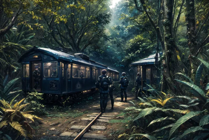 (landscape:1.2),travelers,modern soldiers,<lora:ç½å¾·å²æ®éå¹²åå¶ætest:0.8>,facing_away,adapted_uniform,power_armor,navy blue sailor uniform,doc_martens,backpack,weapon,blue eyes,Caravan,Team,cinematic_angle,foreshortening,goods train,determined expression,compass,map,<lora:lora_ç¯å¢_森æç¯å¢_Forest:0.6>,jungle background,lush foliage,mysterious atmosphere,, incredibly absurdres,wallpaper,realistic,real,photo,landscape,foreshortening,, beautiful detailed eyes,Fine hair texture,, masterpiece,best quality,highly detailed,Amazing,finely detail,extremely detailed CG unity 8k wallpaper,score:>=60,