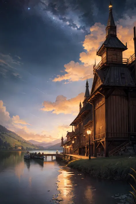 (highly detailed),((masterpiece)),(Impasto),intricate,digital painting,shadow,landscapes,fantasy,delicate grassland,(piers:1.3),(lake:1.3),(villiage:1.2),lights,clear sky,wind,beautiful sky,cumulus,(night star),, masterpiece,best quality,highly detailed,Amazing,finely detail,extremely detailed CG unity 8k wallpaper,score:>=60,, incredibly absurdres,wallpaper,realistic,real,photo,landscape,foreshortening,, beautiful detailed eyes,Fine hair texture,