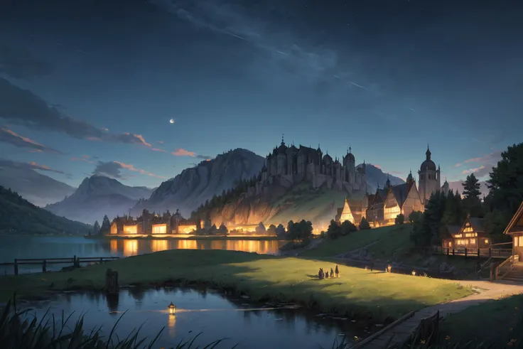 (highly detailed),((masterpiece)),(Impasto),intricate,digital painting,shadow,landscapes,fantasy,delicate grassland,(piers:1.3),(lake:1.3),(villiage:1.2),lights,clear sky,wind,beautiful sky,cumulus,(night star),, masterpiece,best quality,highly detailed,Amazing,finely detail,extremely detailed CG unity 8k wallpaper,score:>=60,, incredibly absurdres,wallpaper,realistic,real,photo,landscape,foreshortening,, beautiful detailed eyes,Fine hair texture,