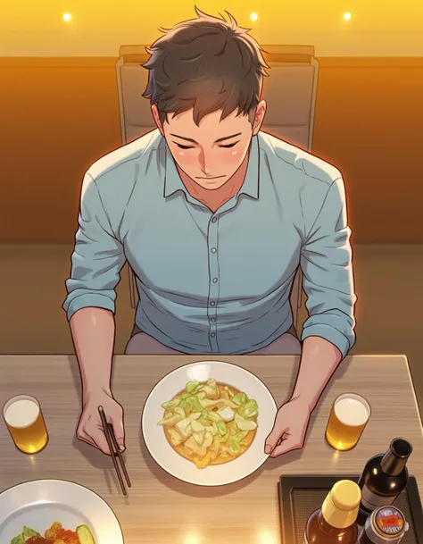 1man sitting at a table with food,short hair,brown hair,shirt,black hair,holding,sitting,white shirt,male focus,food,cup,bottles, from above,table,blue shirt,holding cup,plate,alcohol,sleeves rolled up,drinking glass,chopsticks,undercut,beer,holding chopsticks <lora:webtoon_flux-v0.80_000075500:0.8>