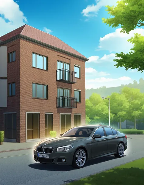 a bmw car,outdoors, sky, tree, no humans, grass, building, rood, street,<lora:webtoon_flux-v0.80_000075500:0.8>