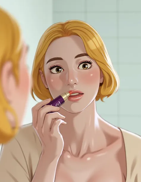 a woman with short blonde hair holding a lipstick tube in hand and wearing makeups is facing a mirror <lora:webtoon_flux-v0.80_000075500:0.8>