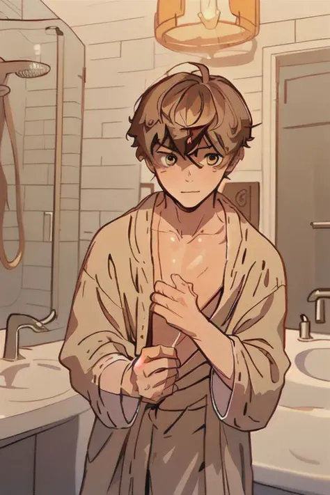 David_Lalins_Curse, light brown hair, bangs, amber eyes, 1boy, adolescent, bathrobe