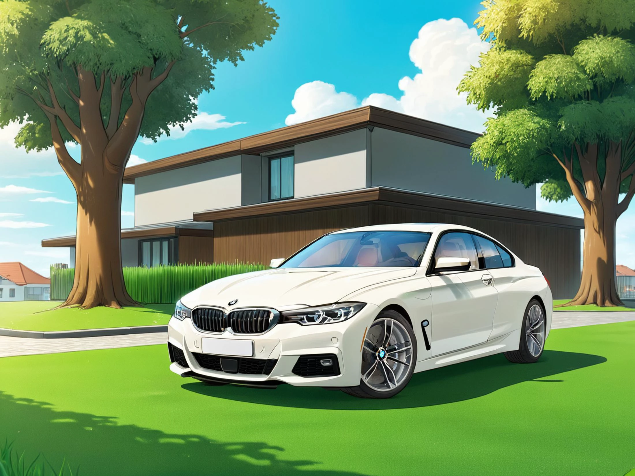 masterpiece, best quality, highres, close up cartoon photo of a bmw car,outdoors, sky, tree, no humans, grass, building, rood, street