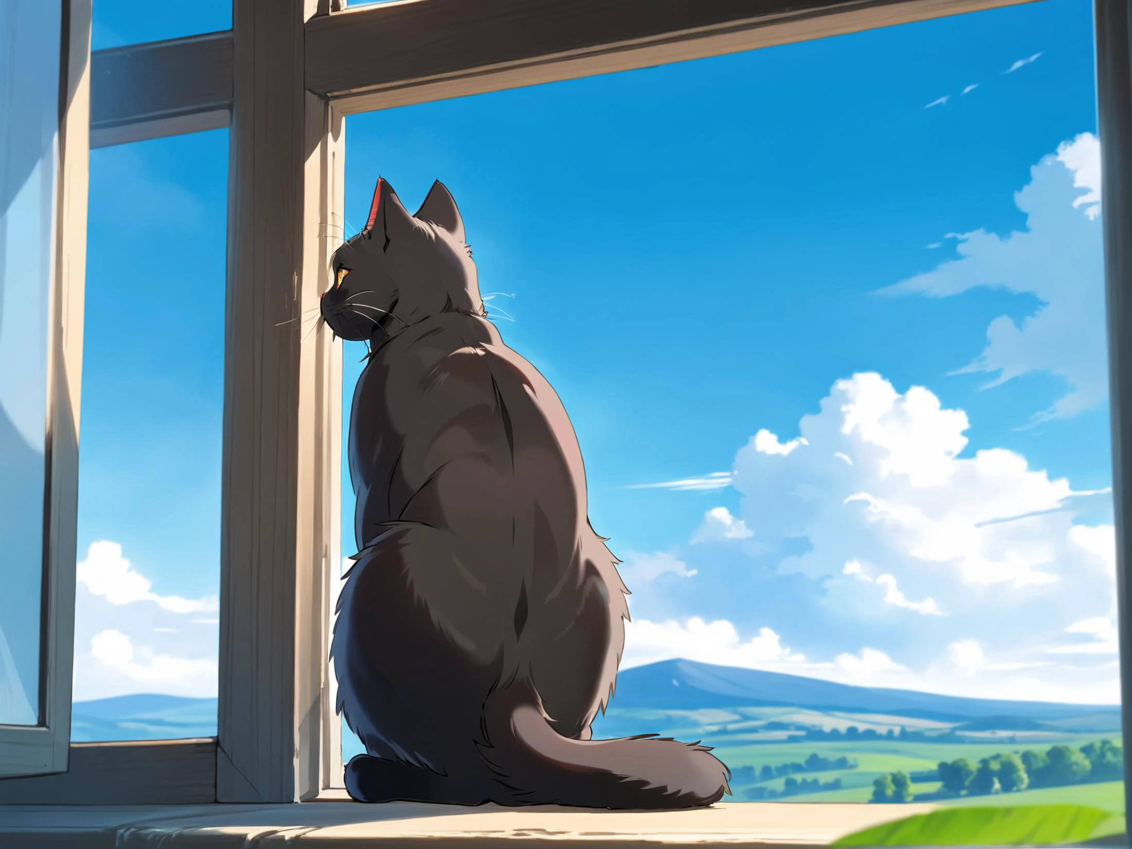 masterpiece, best quality, highres, photo of a black cat, outdoors, house, window, rood, countryside, blue sky