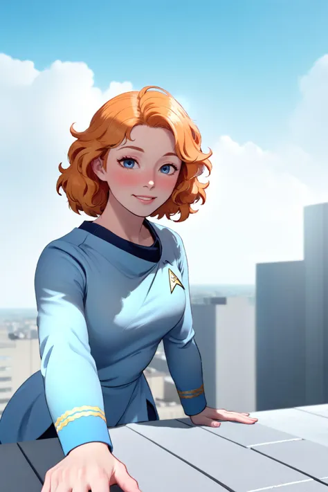 ginger woman with curly hair in blue startrektos uniform,taking selfie,on the top of a building,happy,clouds,
masterpiece, best quality, soft light, bokeh, real shadow, cinematic, subsurface scuttering <lora:TOSXL-000040:0.8>