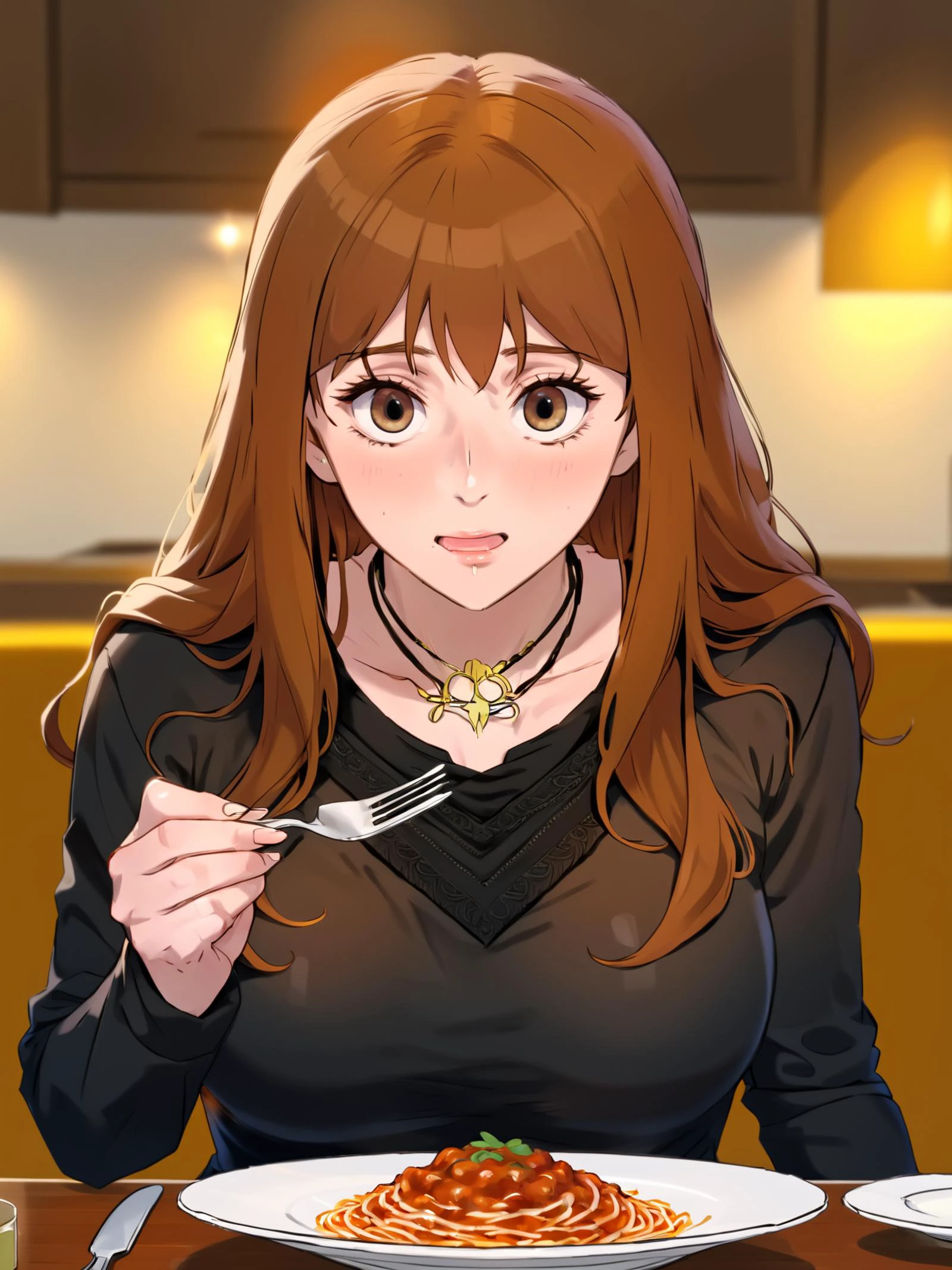 masterpiece, best quality, highres, a woman is eating spaghetti with a fork,1girl,solo,long hair,breasts,blush,bangs,large breasts,brown hair,shirt,long sleeves,open mouth, chewing, holding,jewelry,sitting,brown eyes, food,indoors,necklace,cup,black shirt,eating,looking down,table,knife,plate,fork,holding fork