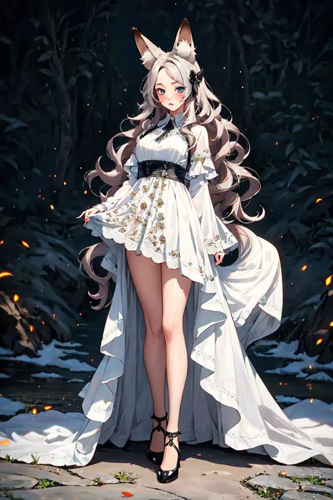 very detailed, extremely detailed, masterpiece, high quality,1girl,full body,fox ears, very long hair, wavy hair, white dress