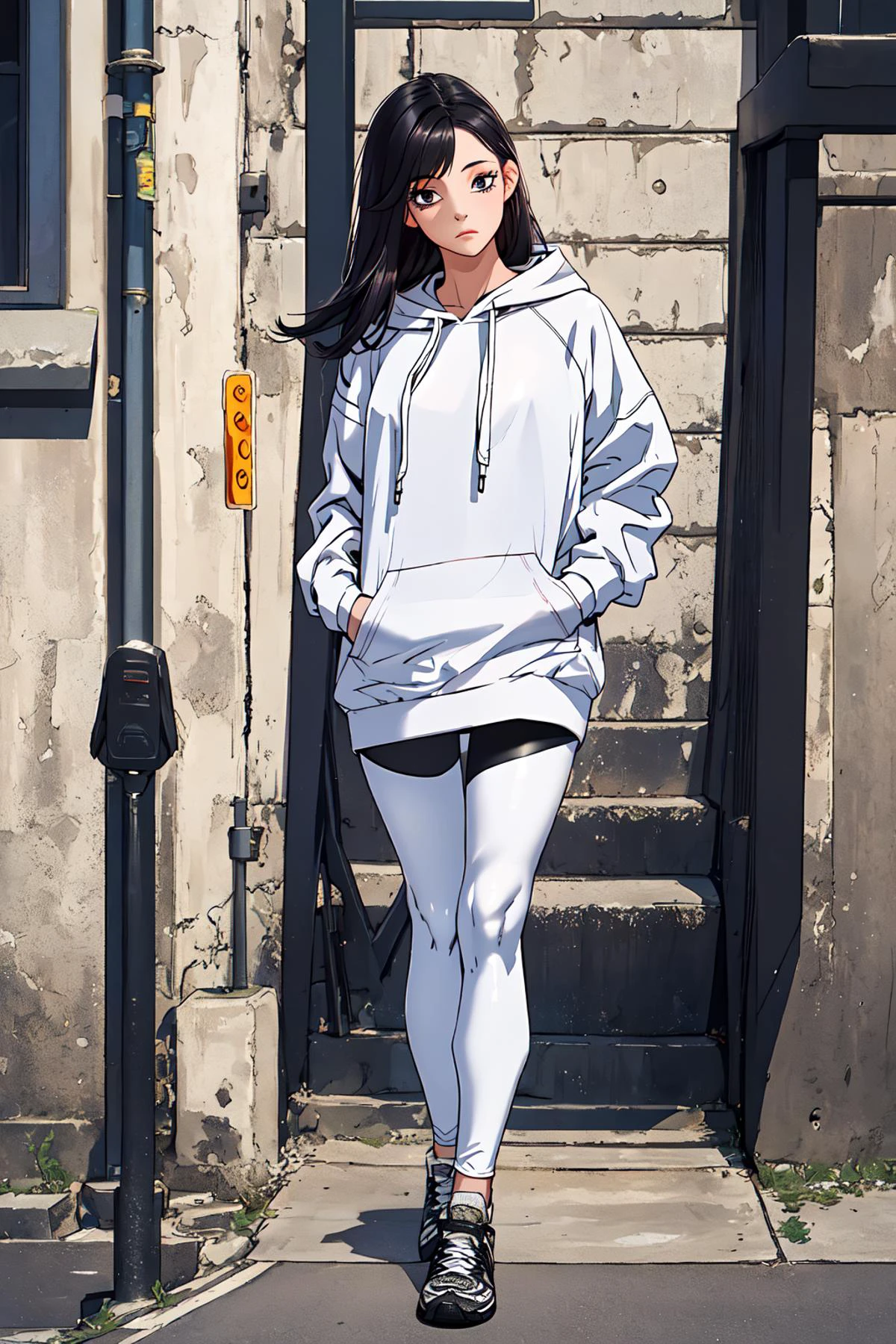 very detailed, extremely detailed, masterpiece, high quality,1girl,full body,black hair, beautiful, beatiful eyes,street clothes, white hoodie,black leggings