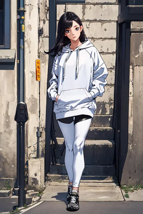 very detailed, extremely detailed, masterpiece, high quality,1girl,full body,black hair, beautiful,  beatiful eyes,street clothes, white hoodie,black leggings