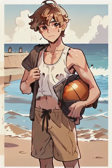 David_Lalins_Curse, light brown hair, bangs, amber eyes, 1boy, adolescent, swimsuit, board shorts, at the beach