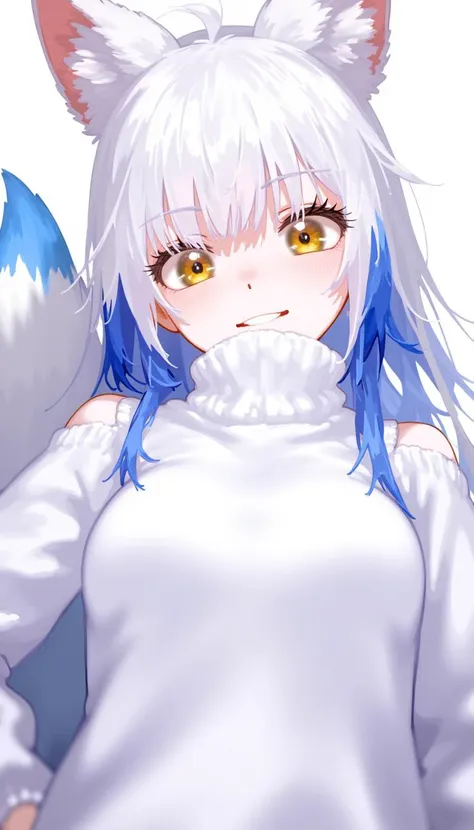 Imagine a close-up illustration of Lumi, the playful fox-girl, peering over her shoulder with a mischievous twinkle in her bright yellow eyes. The camera angle is slightly low, looking up at her as if she's caught you by surprise. Her long white hair with blue tips cascades down her back, partially obscuring her face, while her fluffy white tail with a blue tip playfully peeks out from behind her. She's wearing a snug white turtleneck sweater that emphasizes her flat chest, and her lips are curled into a sly, knowing smile. The background is blurred, drawing focus to her captivating expression.
<lora:yue_v2_2:1>