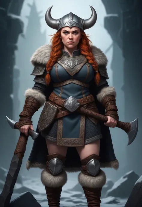 a cute feminine dwarven viking, dressed in stout woolen clothing, with armour, she holds an ornate axe that is larger than herself. She is a bearded seductress.
Fantasy background. high contrast, and saturated colors.