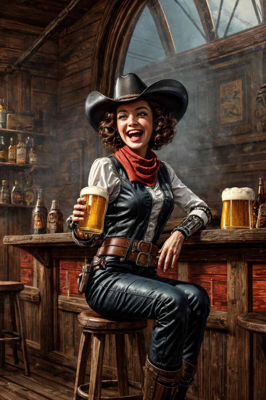 (RAW photo, 8k uhd, Analog style, Masterpiece, Best Quality, Highres:1.3), (dramatic, cinematic:1.2), BREAK,
movie shot of (steampunk:1.1) (cybernetic:1.3) perky (latina:1.2) girl, (robot, android:1.3), cute cowgirl, (leather cowboy (vest:1.03):1.1), (pants:1.1), (black (shirt:1.03):1.1), (belt, holster:1.2), (cowboy (hat:1.05):1.2), boots, scarf, curly black hair, brown eyes, (laughing:1.3), happy expression, (from side:1.05), looking at viewer, sweaty, tan, (sitting:1.3) on wooden (stool:1.2) in (wild west saloon:1.2) room, BREAK,
(holding beer:1.26) (mug:1.1), foam, (hand on hip:0.5), detailed wooden crowded wide (tavern interior:1.2), messy, ((window:1.1), entrance, table:1.1), ((bar:1.1) counter:1.1), barrel, (window sunlight:1.1), (light particles:1.1), fog, (overgrown street outside:1.2), (wild west:1.2), science fiction, (Western movie style:1.2), (vintage, retro:1.2), film grain, (intricate:1.4), light theme, (raising hand:1.0), party mood, drinking beer, BREAK,
(Clutter-Home:0.5)
<lora:more_details:1.0>,
<lora:emotion_happy_slider_v1:1.0>,
<lora:zoom_slider_v1:4.2>,