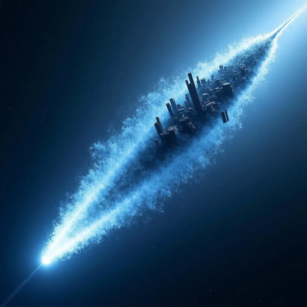 A blue Comet shooting through space, particles of space dust coming off of the comet. Ice encrusting the whole of the Comet. On the Comet is an early industrial style city with heavy plumes of smoke coming out of some of the buildings. The vast expanse and emptiness of space, stars littering the background. A huge galaxy visible.