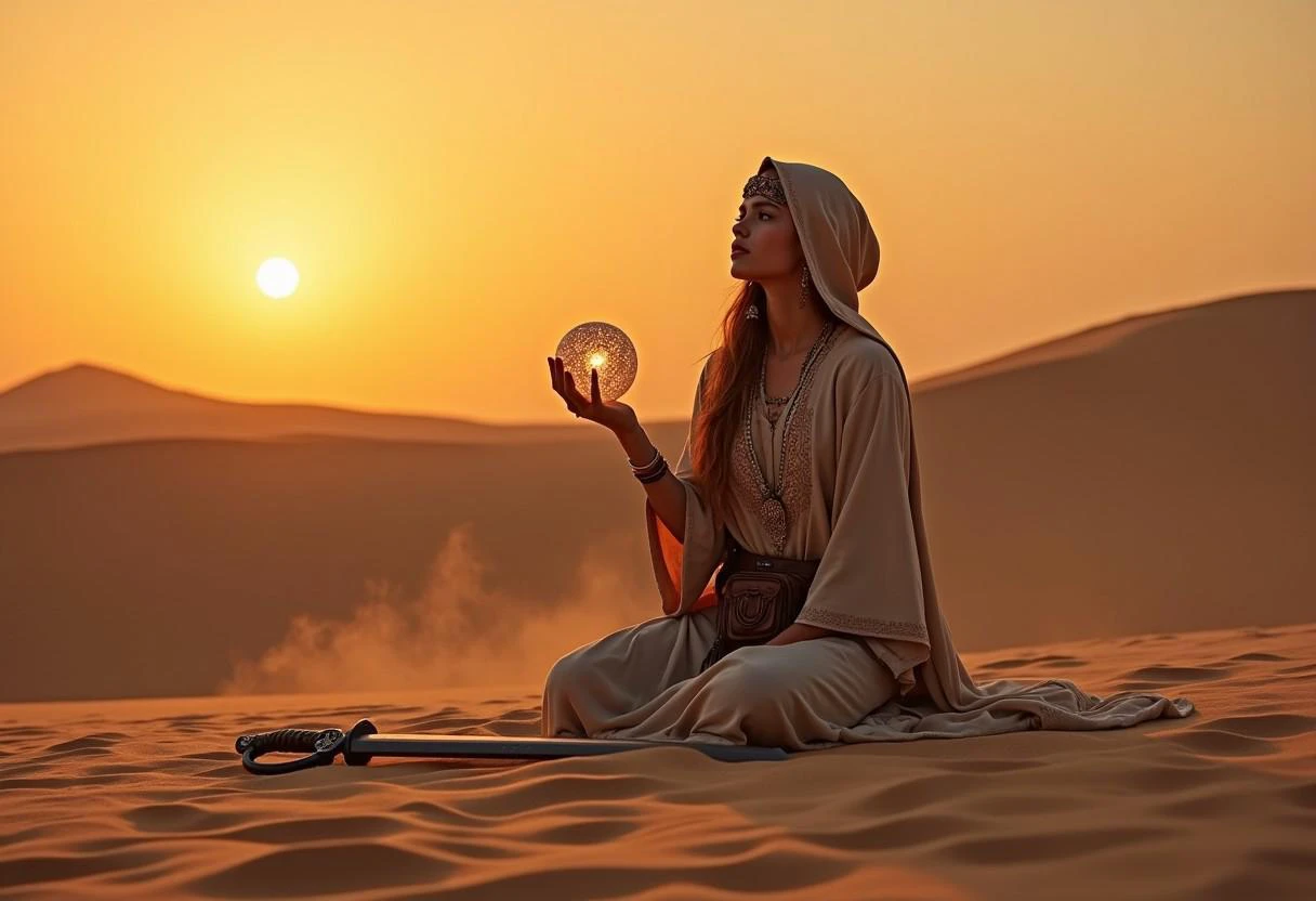 desert, sunset in the desert, wind, an exceptionally beautiful nubile girl of west-Asian appearance kneeling on the sand, facing viewer, in the clothes of a bidouin, she has a hood, her arms are open and there are henna tattoos on them, the girl is very sad and raised her head up looking past viewer, she has a leather belt bag on. On the sand in front of her lies a beautiful saber, in her hand she holds a beautiful glowing ball, the ball illuminates her. hyper-realism, immaculate detail