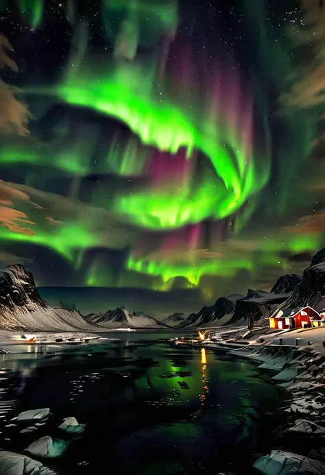 (ultra high res:1.4), (masterpiece), night, Northern_Lights, (beautiful lighting:1.4) ,skyrimlandscapes, greenland greenery, greenland river, icy water water, forest, Greenlandic homes and cabins, moonlight illuminates the icy water, (deep underwater), anime, above water, (clear underwater), beautiful sky with clouds, depth