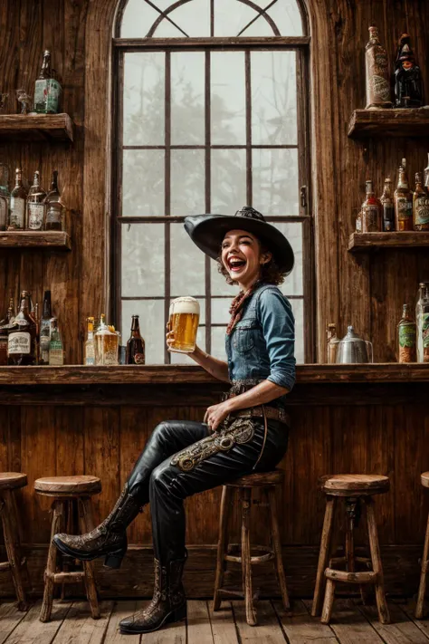 (RAW photo, 8k uhd, Analog style, Masterpiece, Best Quality, Highres:1.3), (dramatic, cinematic:1.2), BREAK,
shot of (steampunk:1.1) (cybernetic:1.3) perky (latina:1.2) girl, (robot, android:1.3), cute cowgirl, (leather cowboy (vest:1.03):1.1), (pants:1.1), (black (shirt:1.03):1.1), (belt, holster:1.2), (cowboy (hat:1.05):1.2), boots, scarf, curly black hair, brown eyes, (laughing:1.3), happy expression, (from side:1.05), looking at viewer, sweaty, tan, (sitting:1.3) on wooden (stool:1.2) in (wild west saloon:1.2) room, BREAK,
(holding beer:1.26) (mug:1.1), foam, (hand on hip:0.5), detailed wooden crowded wide (tavern interior:1.2), messy, ((window:1.1), entrance, table:1.1), ((bar:1.1) counter:1.1), barrel, (window sunlight:1.1), (light particles:1.1), fog, (overgrown street outside:1.2), (wild west:1.2), science fiction, (Western moviee:1.2), (vintage, retro:1.2), film grain, (intricate:1.4), light theme, (raising hand:1.0), party mood, drinking beer, BREAK,
(Clutter-Home:0.5)
<lora:more_details:1.0>,
<lora:emotion_happy_slider_v1:1.0>,
<lora:zoom_slider_v1:4.2>,