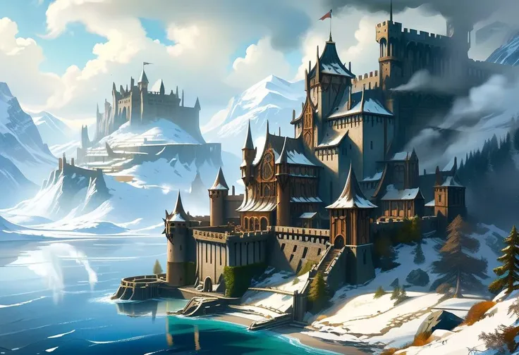 masterpiece, Viking Fortress grand (Hogwarts:0.3) over valleys, ocean, , scrub forest, snow<lora:Sinozick:0.70> <lora:MJ52:0.65> SteamPunkAI <lora:TechPunkAIv2:0.75>