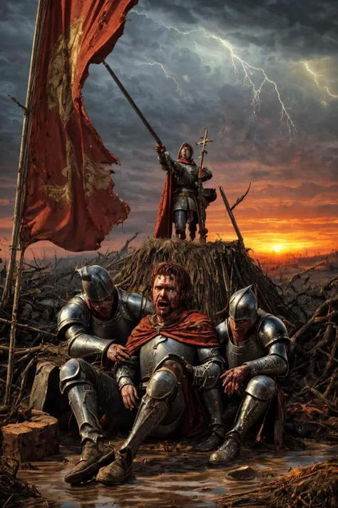 (RAW photo, 8k uhd, Analog style, Masterpiece, Best Quality, Highres:1.4), (dramatic, cinematic:1.2), BREAK,
shot of (brutal:1.1) (russian:1.2) (female barbarian:1.1) (khight:1.2), (Joan of Arc:1.1), (muscular:1.1), broken (rusty intricate:1.1) (armor:1.35), (pants:1.2), (cloak:1.1), (dirty skin:1.1), (short red:1.1) hair, (brown eyes:1.1), (blood, wounds:1.25), (tired face, tears:1.1), (suffering, scared:1.25), (looking up:1.35), (sitting:1.3) in (mud:1.2) (on ground:1.1), (dirty:1.1) (water:1.2), (cross:1.2), planted sword, (red banner flag:1.3), BREAK,
(blood on ground:1.1), (flying crows:1.15), (tree:1.1), detailed (medieval battlefield:1.3), (knights fighting:1.3), autumn, (swamp:1.2), medieval (cathedral ruins:1.2), (pile of corpses:1.1), (sunset:1.2), cloudy sky, (thunderstorm:1.2), (fire:1.2), (smoke:0.7), (sparkles, light particles:1.2), foggy, (godrays:1.2), (photorealistic:1.1), (high point:1.1), full body, (medieval:1.2), (bloody:1.1), BREAK,
<lora:more_details:0.9>,
<lora:zoom_slider_v1:2.3>,