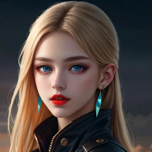 Woman an happy with blue eyes and natural breasts, red lips, blonde layered hair, hair between eyes, wearing black jacket, and adorned with earrings. The image is a masterpiece, ultra high resolution, and photorealistic with skin details, showcasing sharp focus and amazing, finely detailed beauty. The setting features neon lights and an atmospheric perspective, as she looks directly at the viewer.