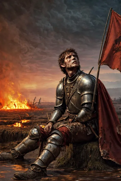 (RAW photo, 8k uhd, Analog style, Masterpiece, Best Quality, Highres:1.4), (dramatic, cinematic:1.2), BREAK,
shot of (brutal:1.1) (russian:1.2) (female barbarian:1.1) (khight:1.2), (Joan of Arc:1.1), (muscular:1.1), broken (rusty intricate:1.1) (armor:1.35), (pants:1.2), (cloak:1.1), (dirty skin:1.1), (short red:1.1) hair, (brown eyes:1.1), (blood, wounds:1.25), (tired face, tears:1.1), (suffering, scared:1.25), (looking up:1.35), (sitting:1.3) in (mud:1.2) (on ground:1.1), (dirty:1.1) (water:1.2), (cross:1.2), planted sword, (red banner flag:1.3), BREAK,
(blood on ground:1.1), (flying crows:1.15), (tree:1.1), detailed (medieval battlefield:1.3), (knights fighting:1.3), autumn, (swamp:1.2), medieval (cathedral ruins:1.2), (pile of corpses:1.1), (sunset:1.2), cloudy sky, (thunderstorm:1.2), (fire:1.2), (smoke:0.7), (sparkles, light particles:1.2), foggy, (godrays:1.2), (photorealistic:1.1), (high point:1.1), full body, (medieval:1.2), (bloody:1.1), BREAK,
<lora:more_details:0.9>,
<lora:zoom_slider_v1:2.3>,