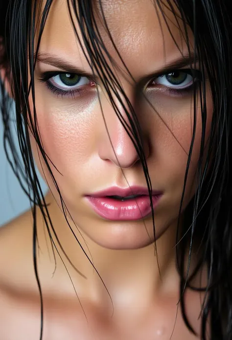 An intense close-up portrait of a woman with wet hair hanging in strands across her face, water droplets on her skin. She has a piercing gaze with slightly narrowed eyes and parted lips, emphasizing the glistening texture of her skin. The background is neutral, focusing on the intense expression and water details.
