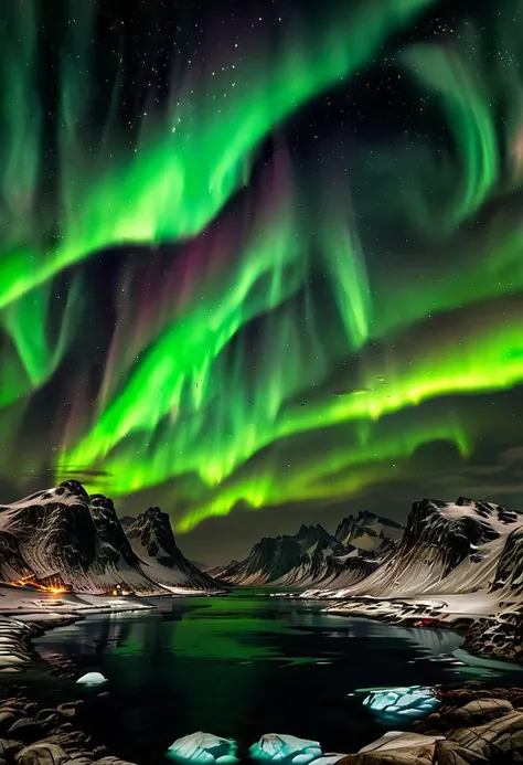 (ultra high res:1.4), (masterpiece), night, Northern_Lights, (beautiful lighting:1.4) ,skyrimlandscapes, greenland greenery, greenland river, icy water water, forest, Greenlandic homes and cabins, moonlight illuminates the icy water, (deep underwater), anime, above water, (clear underwater), beautiful sky with clouds, depth
