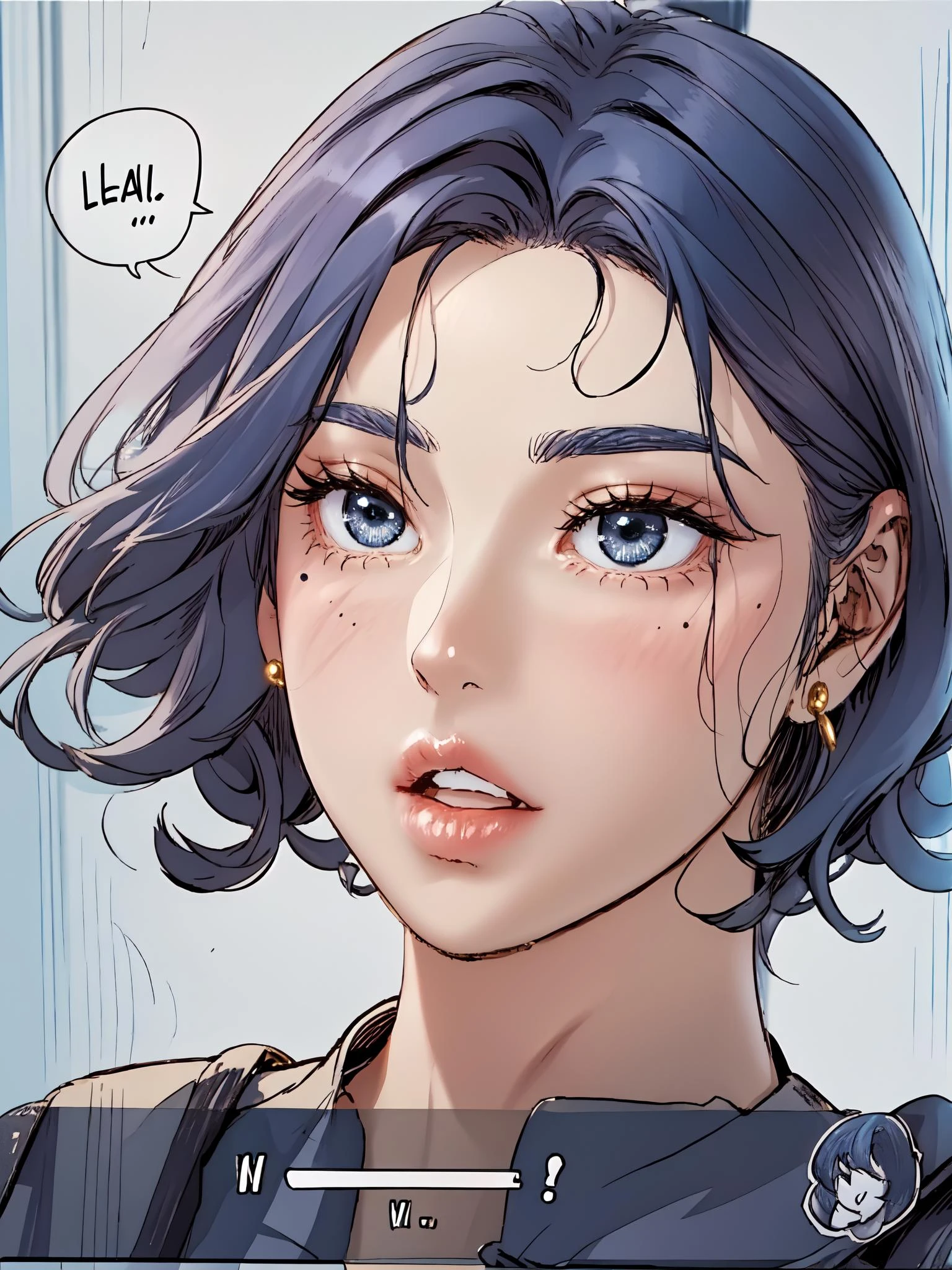 1girl, solo, looking at viewer, bangs, blue hair, parted lips, medium hair, mole, black eyes, lips, mole under eye, portrait, close-up,(dialog box, speech bubble, english text:1.4), <lora:add_detail:0.2> <lora:polyhedron_all_eyes:0.2>