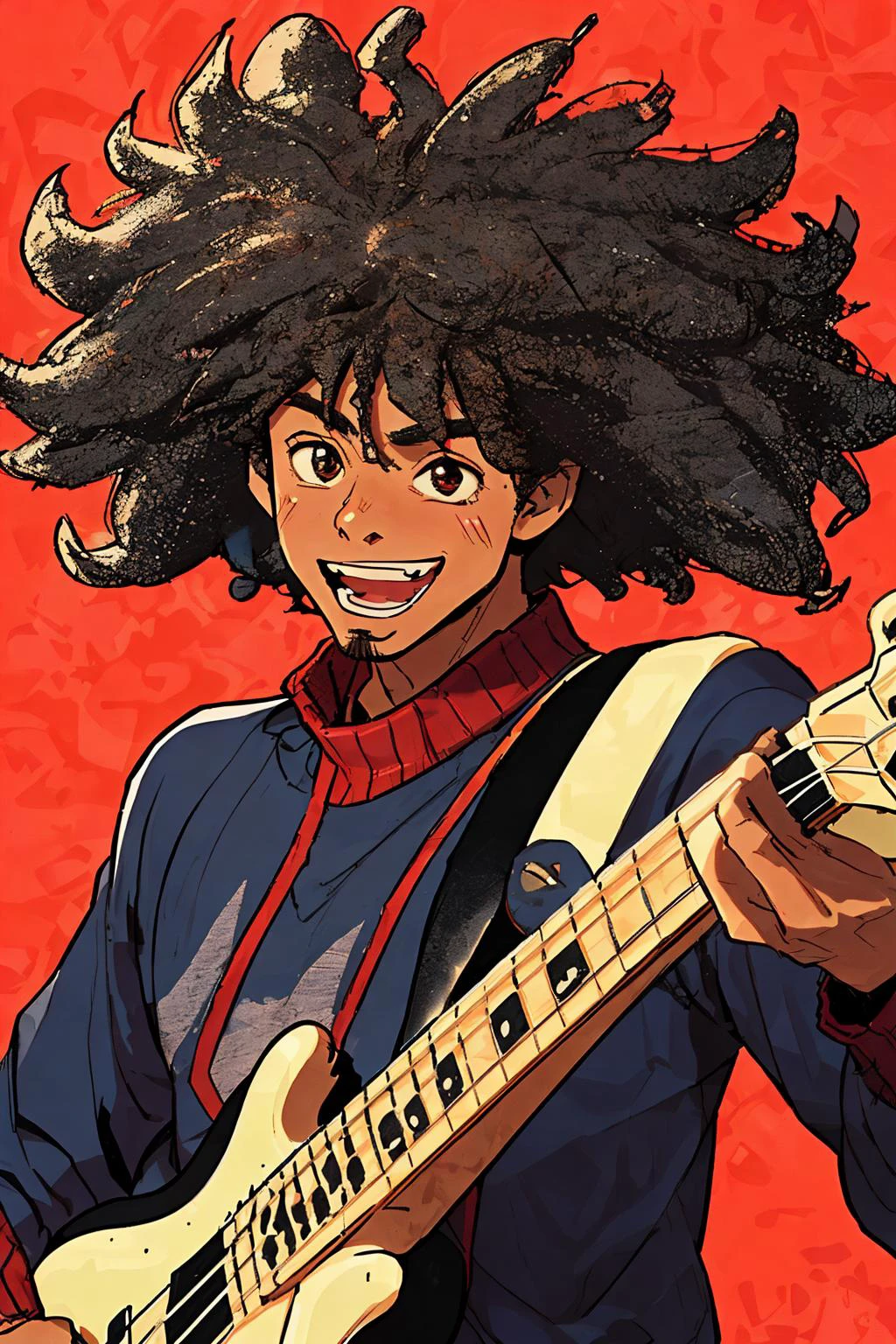 close-up photo portrait of a 45 yo african man, black afro hair, stubble, brown eyes, excited face expression, singing, red bass guitar, blue sweater, black bluesman, simple background