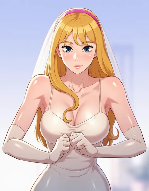 uxanna_crownguard_league_of_legends 1girls absurd_res blonde_hair blue_eyes breasts breasts_squeezed_together elbow_gloves female hairband hands_on_shoulders highres human long_hair wedding_dress small_breasts smile solo, <lora:webtoon_flux-v0.80_000075500:0.8>