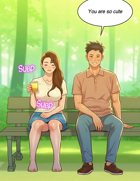 a girl and a boy sitting on a bench with a speech bubble that says, "you are so cute", 1girl, long hair, breasts, smile, skirt, large breasts, brown hair, shirt, black hair, 1boy, sitting, closed eyes, outdoors, shoes, pants, sweatdrop, english text, tree, cup, blue skirt, denim, jeans, blue pants, drinking, bench, brown shirt, <lora:webtoon_flux-v0.80_000075500:0.8>