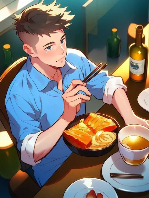 score_9,score_8,score_7,score_8_up,score_7_up,score_6_up, 1man sitting at a table with food,short hair,brown hair,shirt,black hair,holding,sitting,white shirt,male focus,food,cup,bottles, from above,table,blue shirt,holding cup,plate,alcohol,sleeves rolled up,drinking glass,chopsticks,undercut,beer,holding chopsticks
