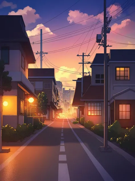score_9,score_8,score_7,score_8_up,score_7_up,score_6_up, anime building in the middle of a city at night with street lights and power lines on either side, outdoors, sky, cloud, no humans, window, night, building, scenery, sunset, sign, road, house, power lines, lamppost, street, twilight, utility pole, evening, purple sky