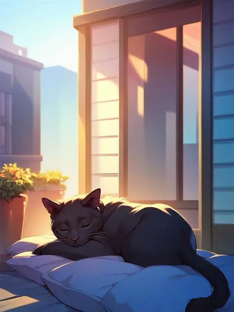 score_9,score_8,score_7,score_8_up,score_7_up,score_6_up, 1cat, from behind, a black cat, sleep beside window, no humans, outdoors,