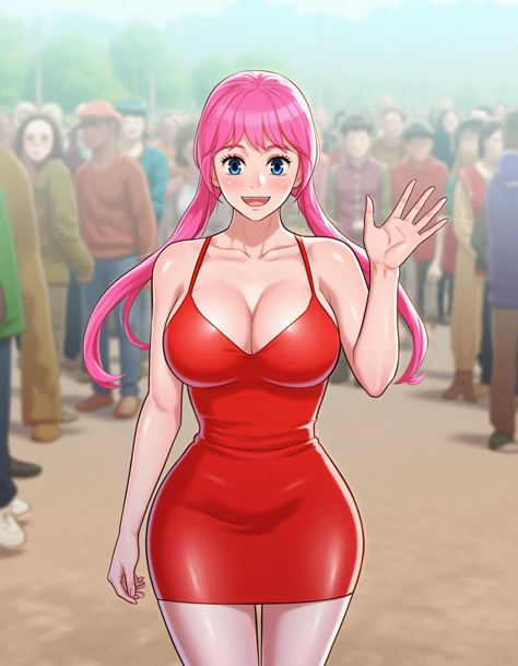 a cartoon woman in a red dress with pink hair and big boobs is standing in front of a crowd, 1girl, long hair, breasts, looking at viewer, smile, open mouth, bangs, blue eyes, large breasts, cleavage, bare shoulders, twintails, standing, collarbone, pink hair, thighs, cowboy shot, outdoors, solo focus, cosplay, revealing clothes, pelvic curtain, waving, crowd, shiranui mai
<lora:webtoon_flux-v0.80_000075500:0.8>