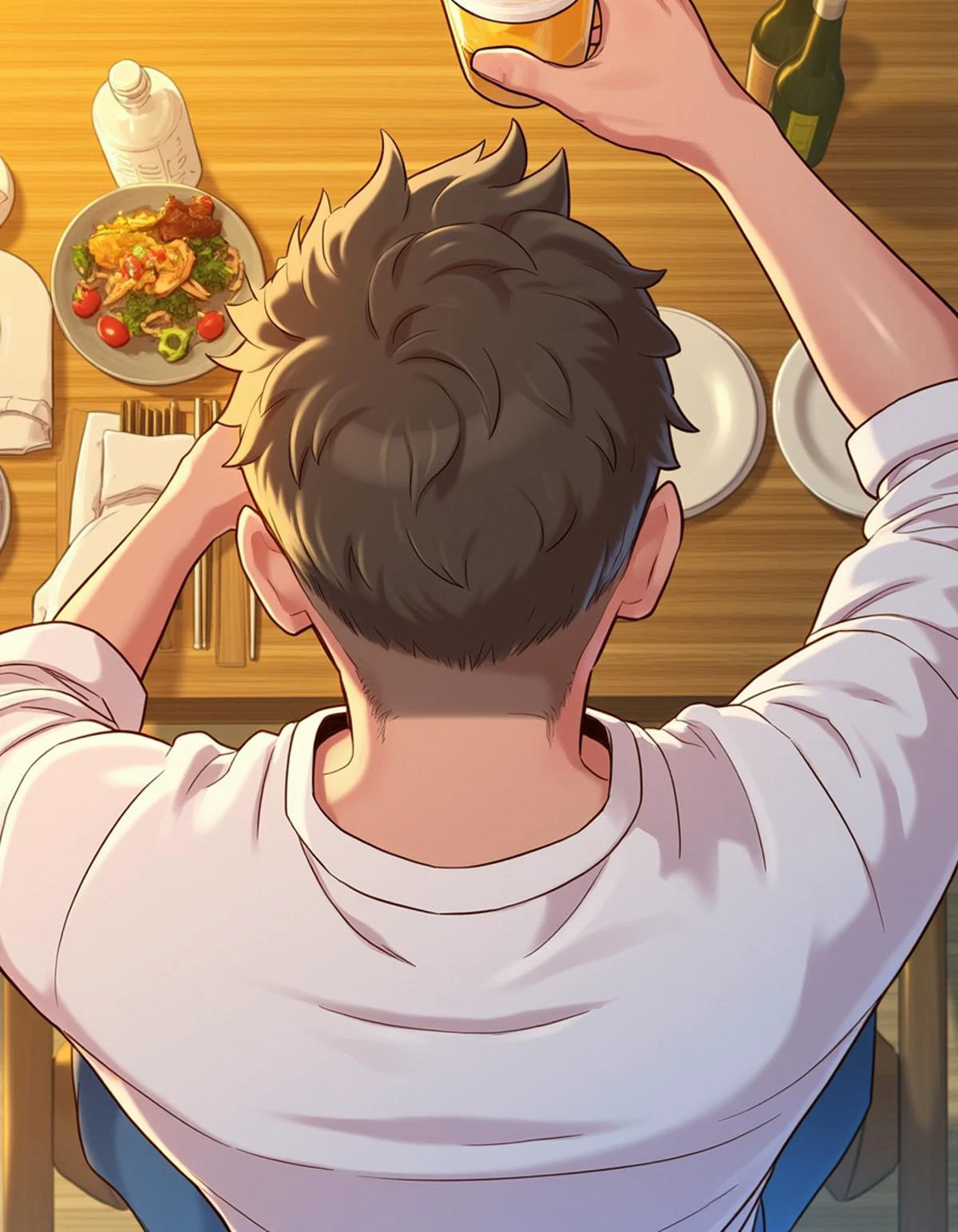 1man sitting at a table with food,short hair,brown hair,shirt,black hair,holding,sitting,white shirt,male focus,food,cup,bottles, from above,table,blue shirt,holding cup,plate,alcohol,sleeves rolled up,drinking glass,chopsticks,undercut,beer,holding chopsticks <lora:webtoon_flux-v0.80_000075500:0.8>